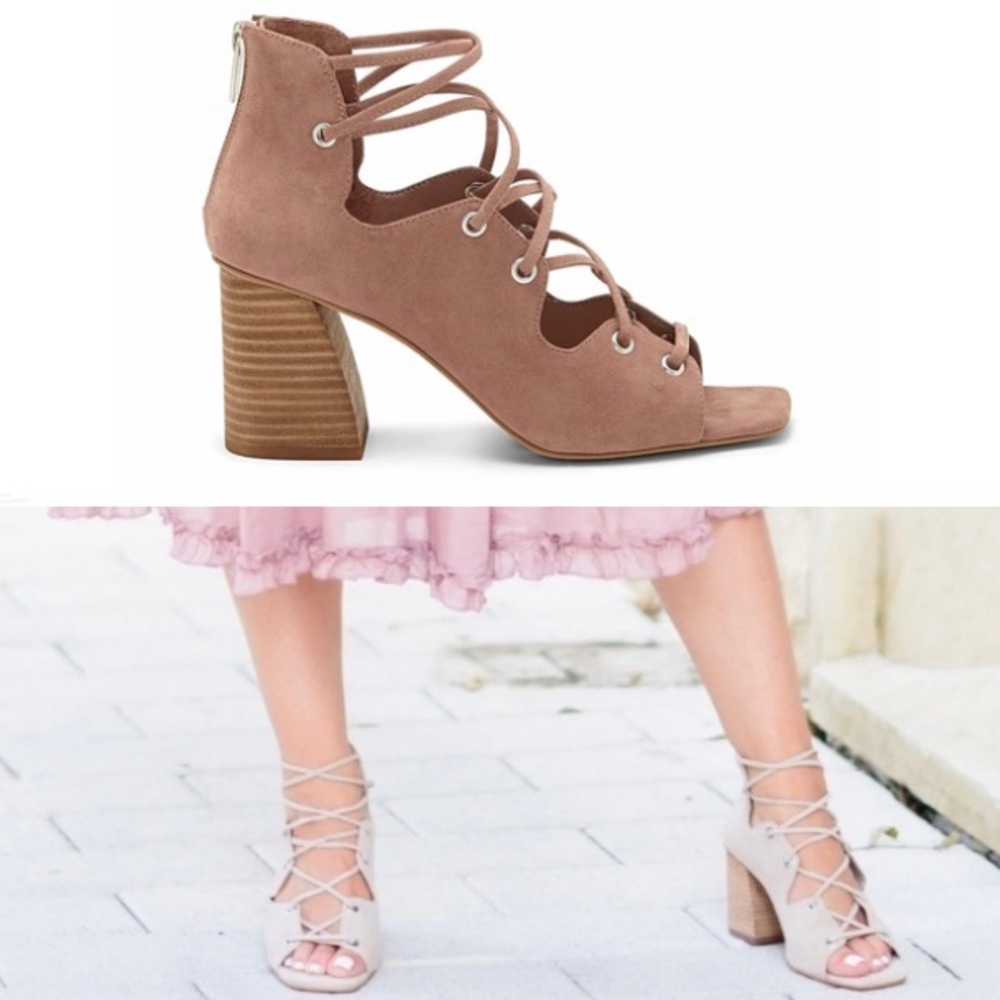 Vince Camuto Rose Pink Suede Lace Up Block Heel Nahara Sandals Square Toe NEW